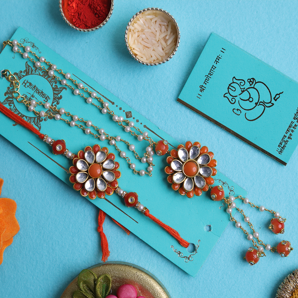 Vibrant Orange Floral Kundan Bhaiya Bhabhi Rakhi Set – Handcrafted Couple Collection