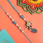 Exquisite Blue Floral Bhaiya Bhabhi Rakhi Set – Handcrafted Pearl & Kundan Collection