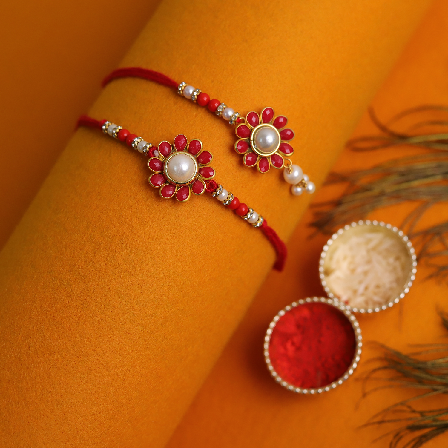 Designer Turquoise Floral Kundan Bhaiya Bhabhi Rakhi Set – Handcrafted Couple Collection