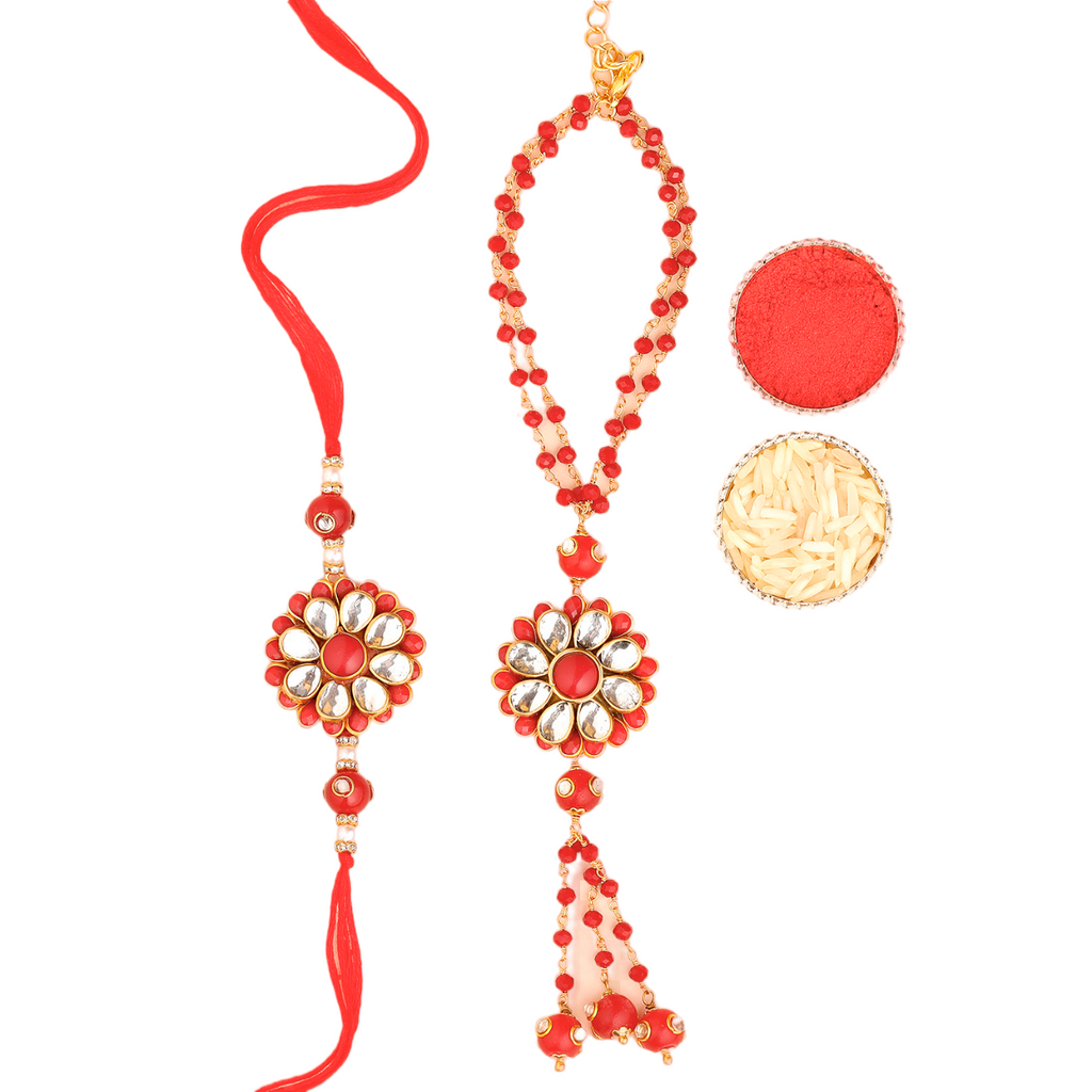Royal Red Floral Bhaiya Bhabhi Rakhi Set – Handcrafted Kundan Couple Collection