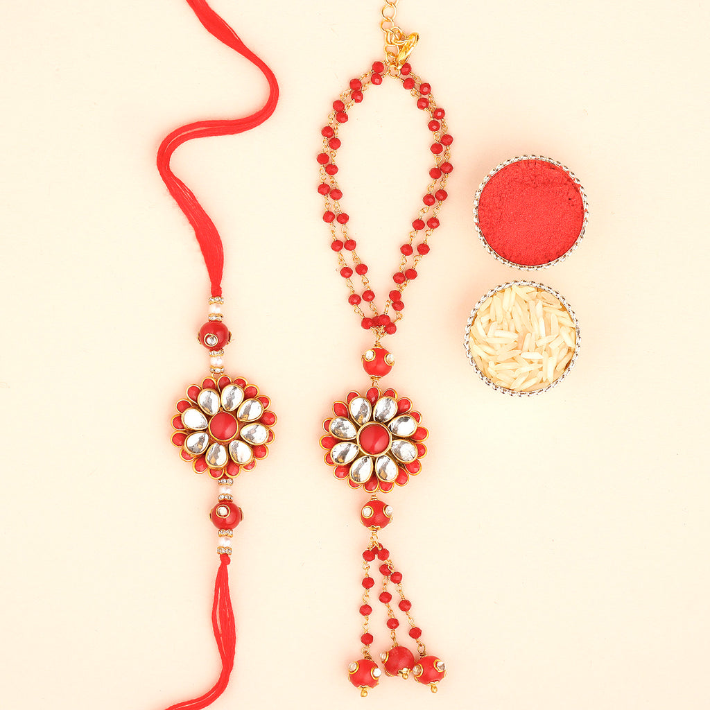 Royal Red Floral Bhaiya Bhabhi Rakhi Set – Handcrafted Kundan Couple Collection