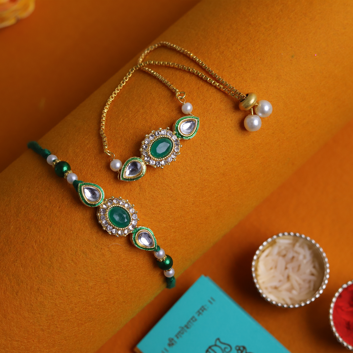 Exquisite Emerald Green Bhaiya Bhabhi Rakhi Set – Handcrafted Kundan Collection