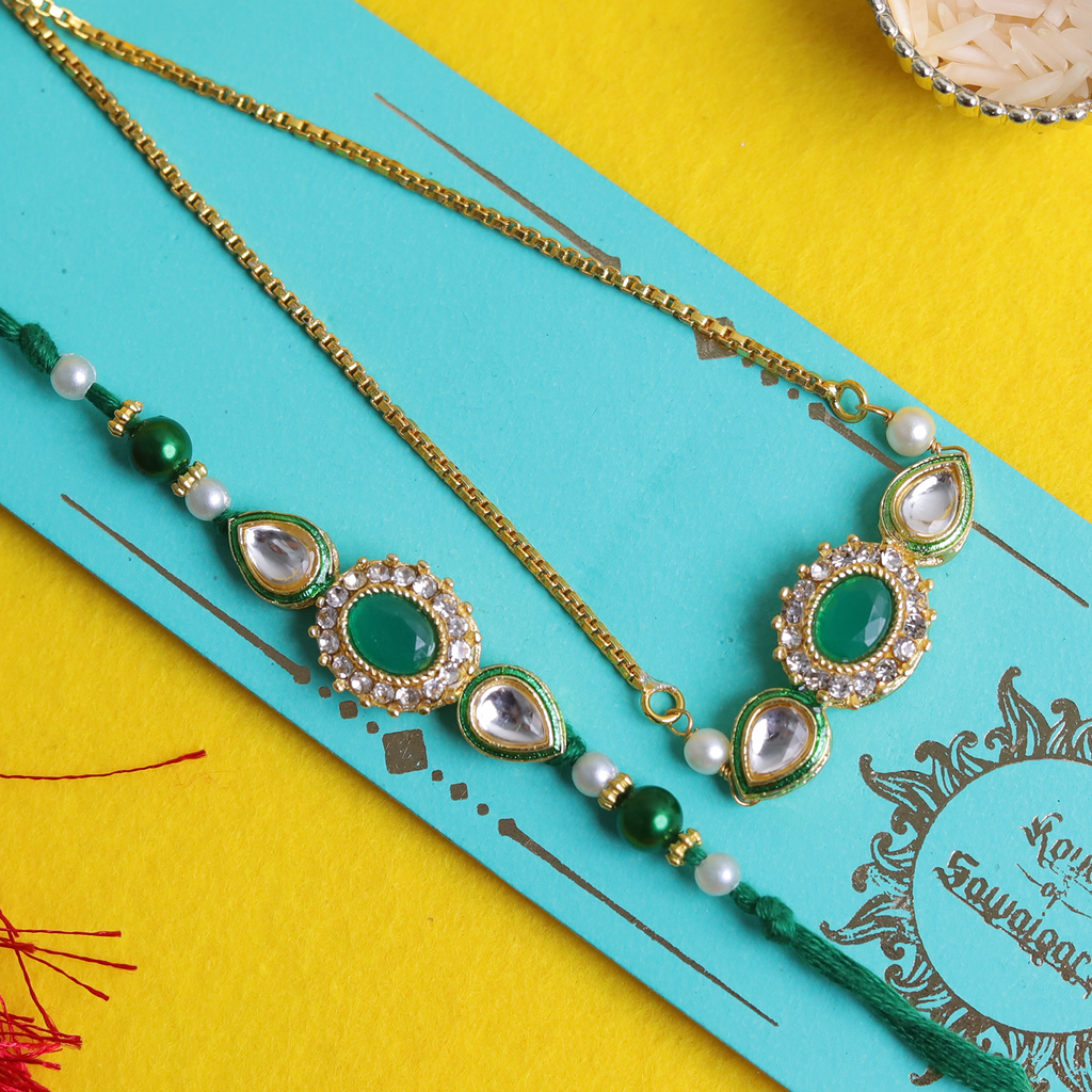Exquisite Emerald Green Bhaiya Bhabhi Rakhi Set – Handcrafted Kundan Collection