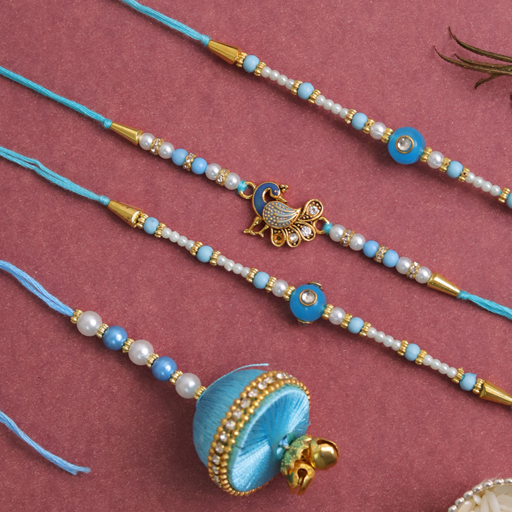 Set of 4 Teal Peacock & Pearl Rakhi Combo – 3 Rakhi & 1 Lumba Set