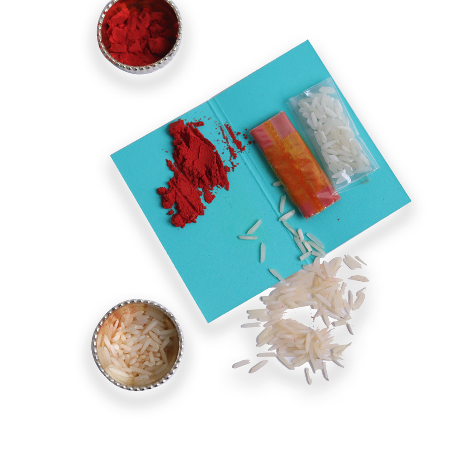 Set of 4 Teal Peacock & Pearl Rakhi Combo – 3 Rakhi & 1 Lumba Set