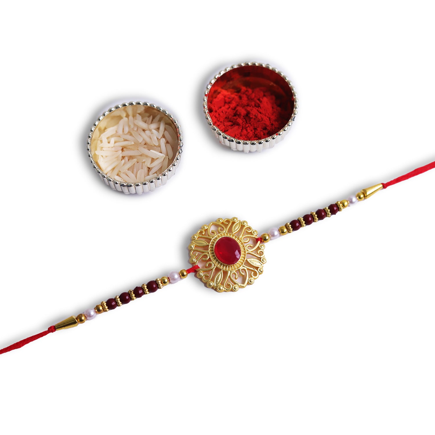 Regal Ruby Gold Filigree Designer Single Rakhi