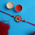 Elegant Floral Kundan Rakhi with Roli-Chawal Thali Set