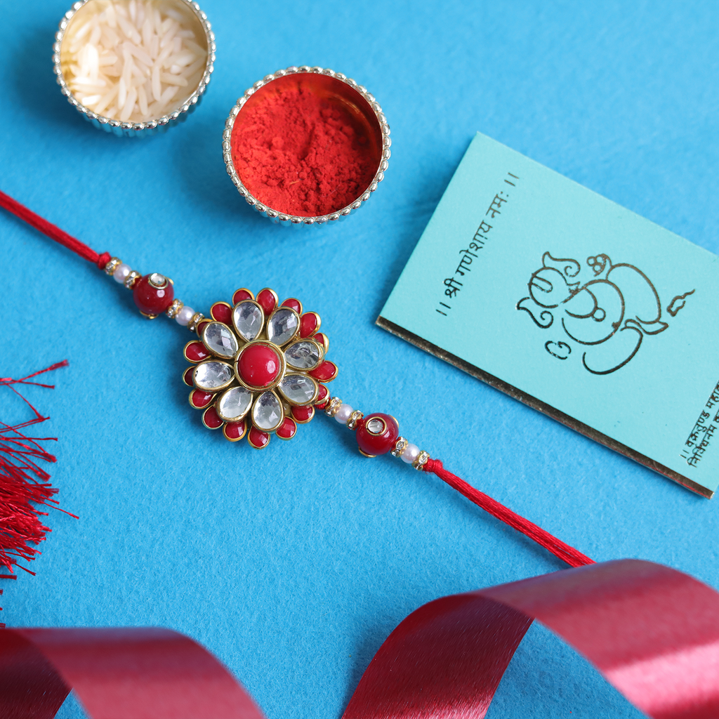 Elegant Floral Kundan Rakhi with Roli-Chawal Thali Set