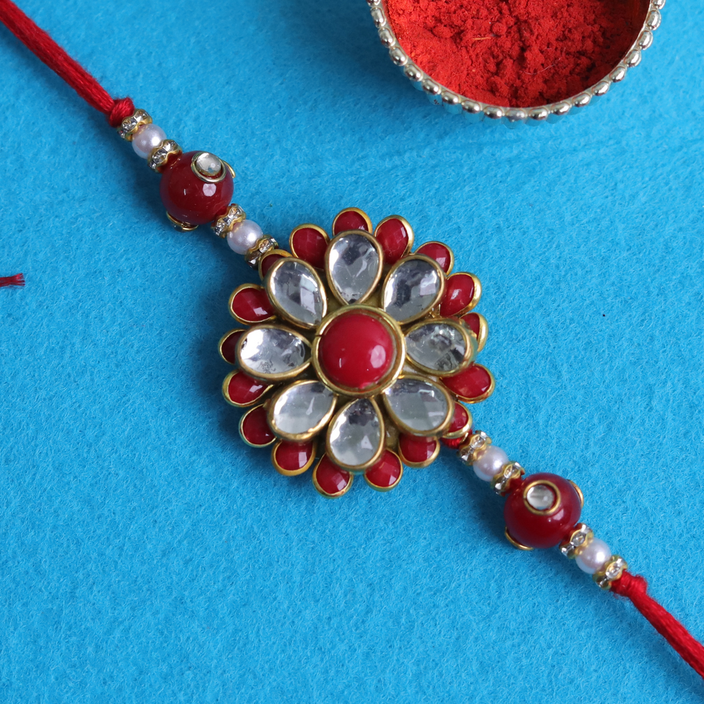 Elegant Floral Kundan Rakhi with Roli-Chawal Thali Set