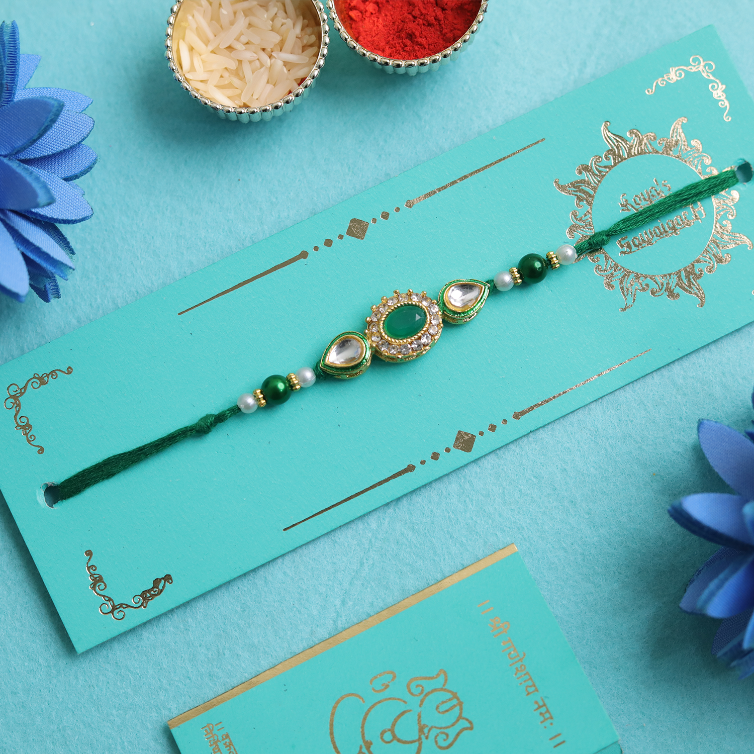 Imperial Emerald: Green Kundan & Meenakari Designer Single Rakhi