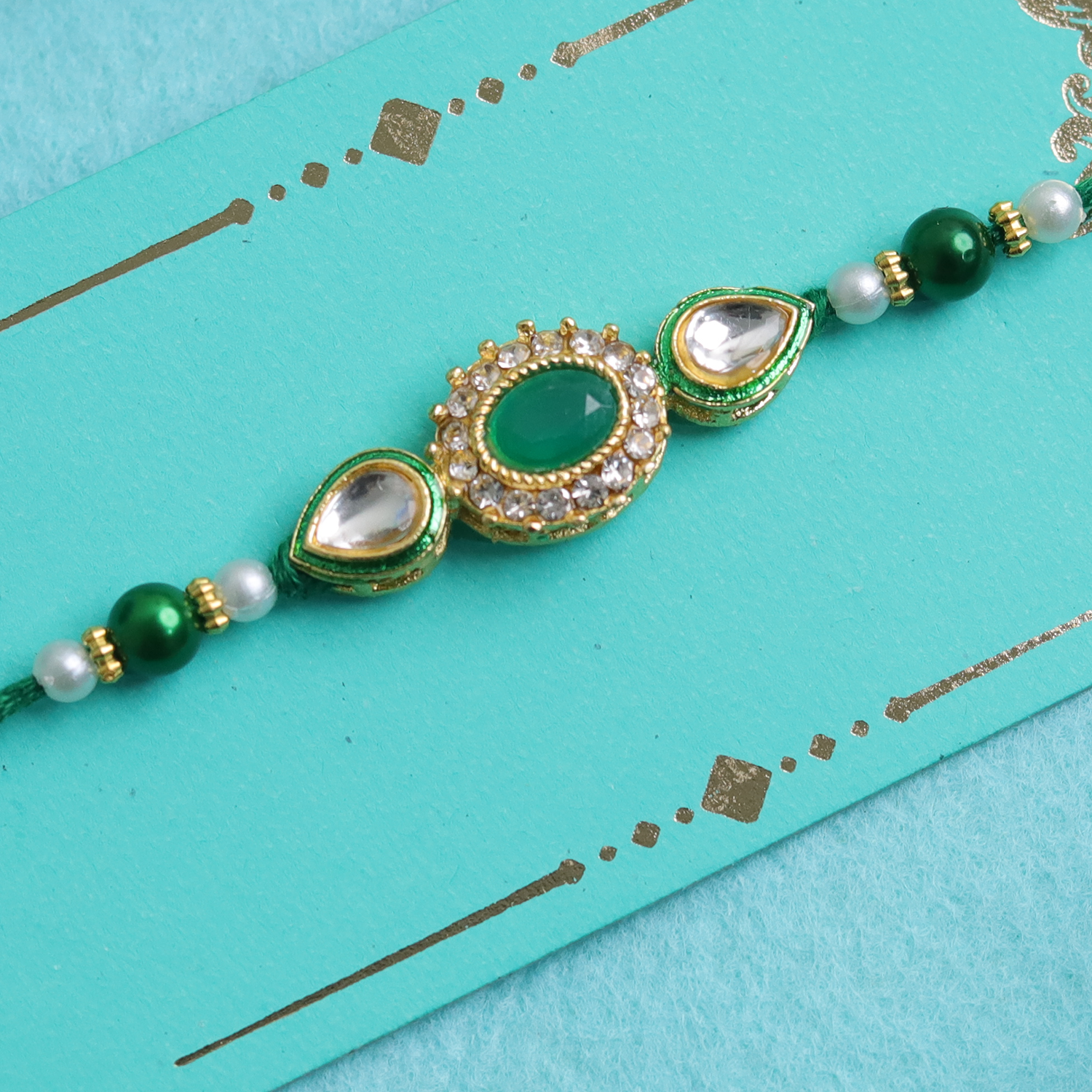 Imperial Emerald: Green Kundan & Meenakari Designer Single Rakhi
