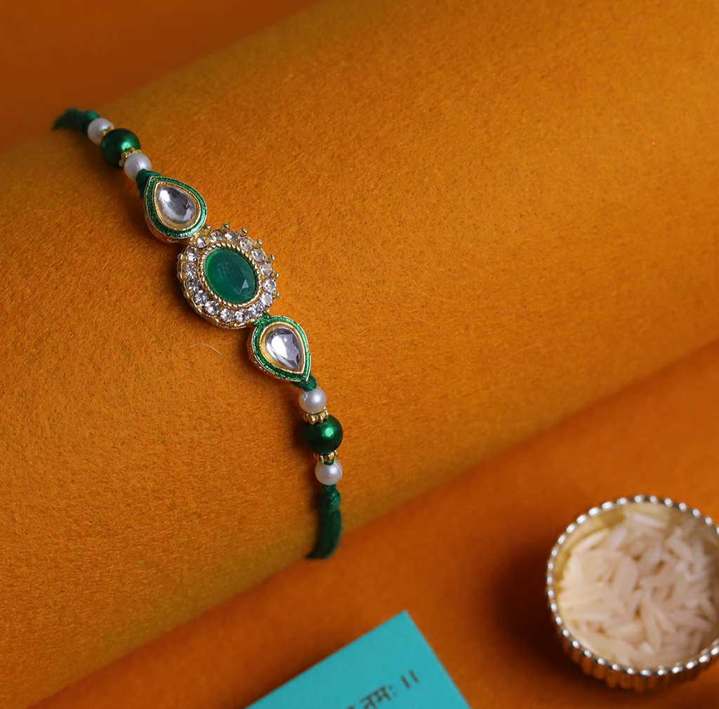Imperial Emerald: Green Kundan & Meenakari Designer Single Rakhi