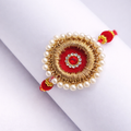 Premium Handcrafted Red Pearl & Zardosi Single Rakhi – Traditional Designer Thread for Brother