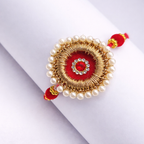 Premium Handcrafted Red Pearl & Zardosi Single Rakhi – Traditional Designer Thread for Brother