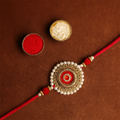 Premium Handcrafted Red Pearl & Zardosi Single Rakhi – Traditional Designer Thread for Brother