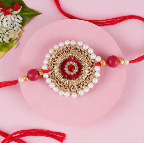 Premium Handcrafted Red Pearl & Zardosi Single Rakhi – Traditional Designer Thread for Brother