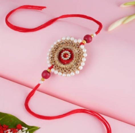 Premium Handcrafted Red Pearl & Zardosi Single Rakhi – Traditional Designer Thread for Brother