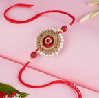 Premium Handcrafted Red Pearl & Zardosi Single Rakhi – Traditional Designer Thread for Brother