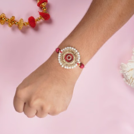 Premium Handcrafted Red Pearl & Zardosi Single Rakhi – Traditional Designer Thread for Brother