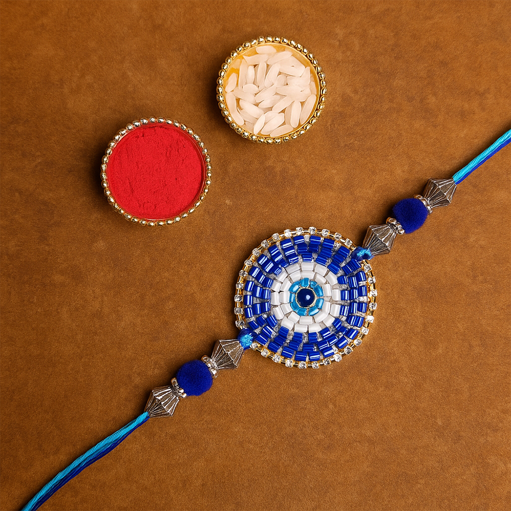 Designer Handcrafted Blue Evil Eye Rakhi – Protective Evil Eye Thread for Brother