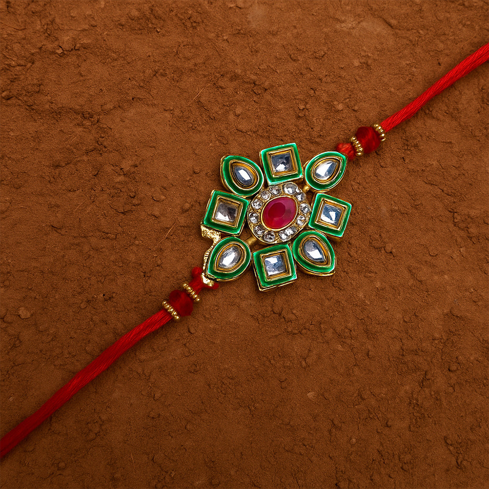 Premium Handcrafted Kundan & Meenakari Single Rakhi – Traditional Floral Designer Thread for Brother