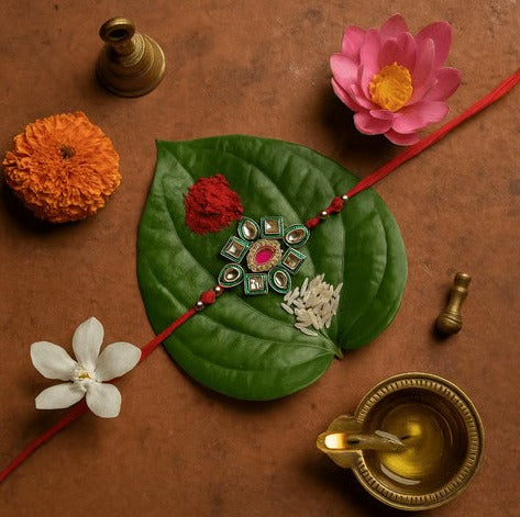 Premium Handcrafted Kundan & Meenakari Single Rakhi – Traditional Floral Designer Thread for Brother