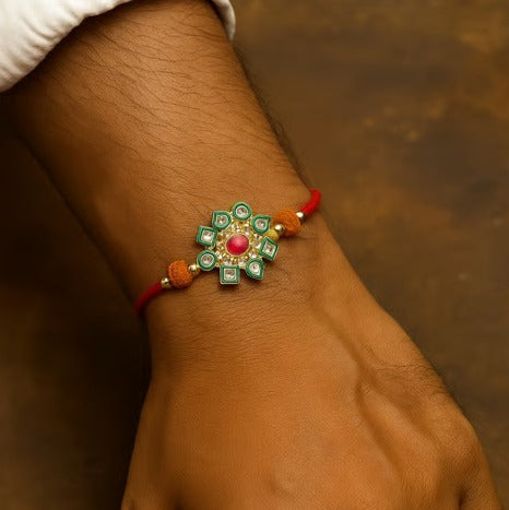 Premium Handcrafted Kundan & Meenakari Single Rakhi – Traditional Floral Designer Thread for Brother