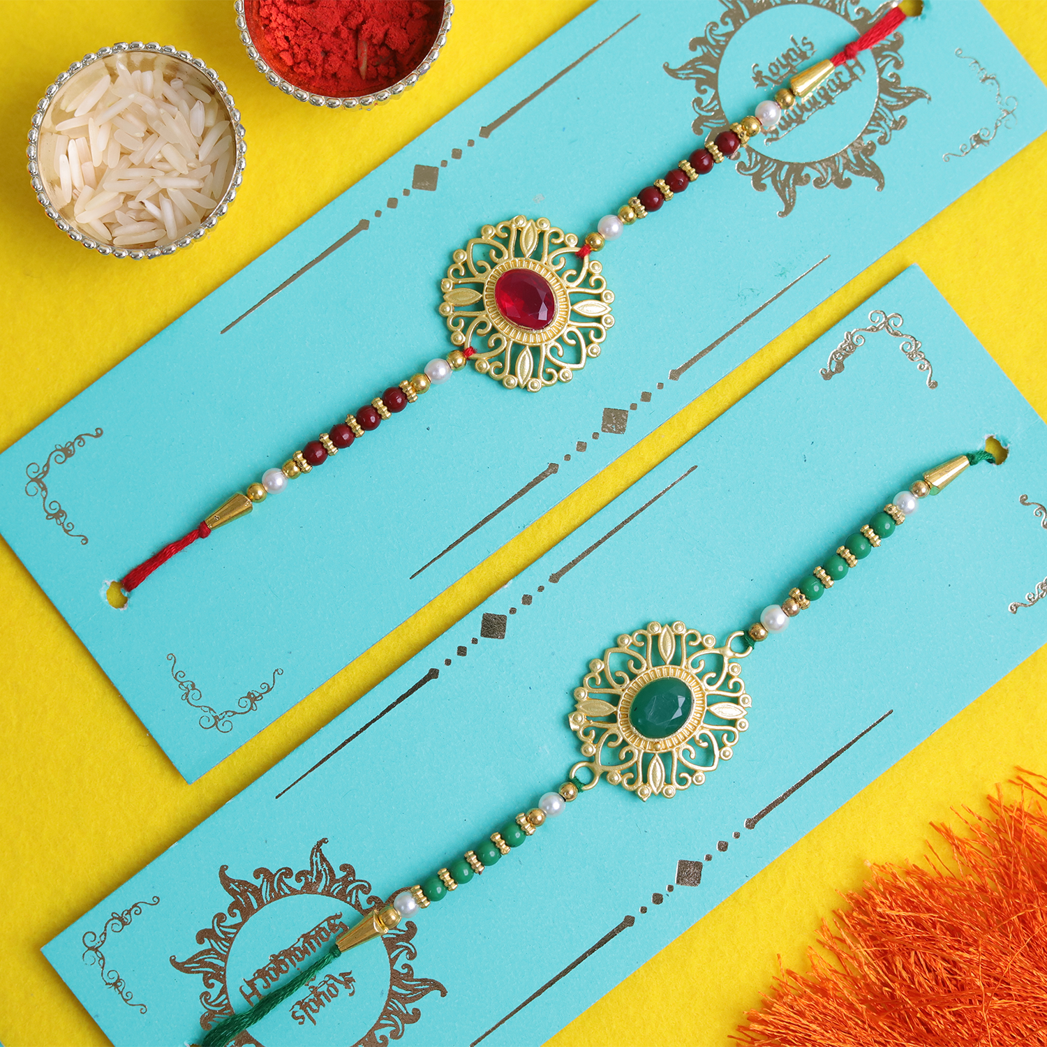 Set of 2 Majestic Antique Gold & Stone Rakhis – Premium Handcrafted Collection