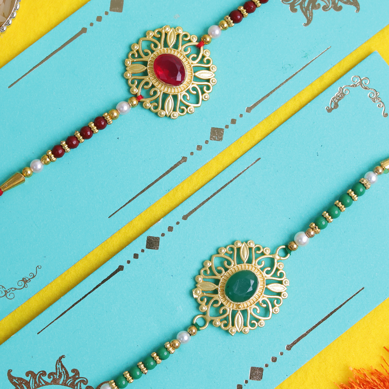 Set of 2 Majestic Antique Gold & Stone Rakhis – Premium Handcrafted Collection