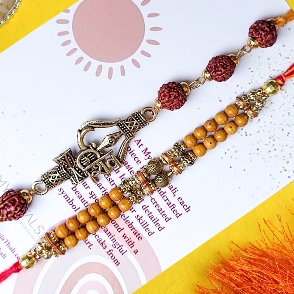 Set of 2 Rudraksha & Trishul Rakhis – Spiritual Protection Collection