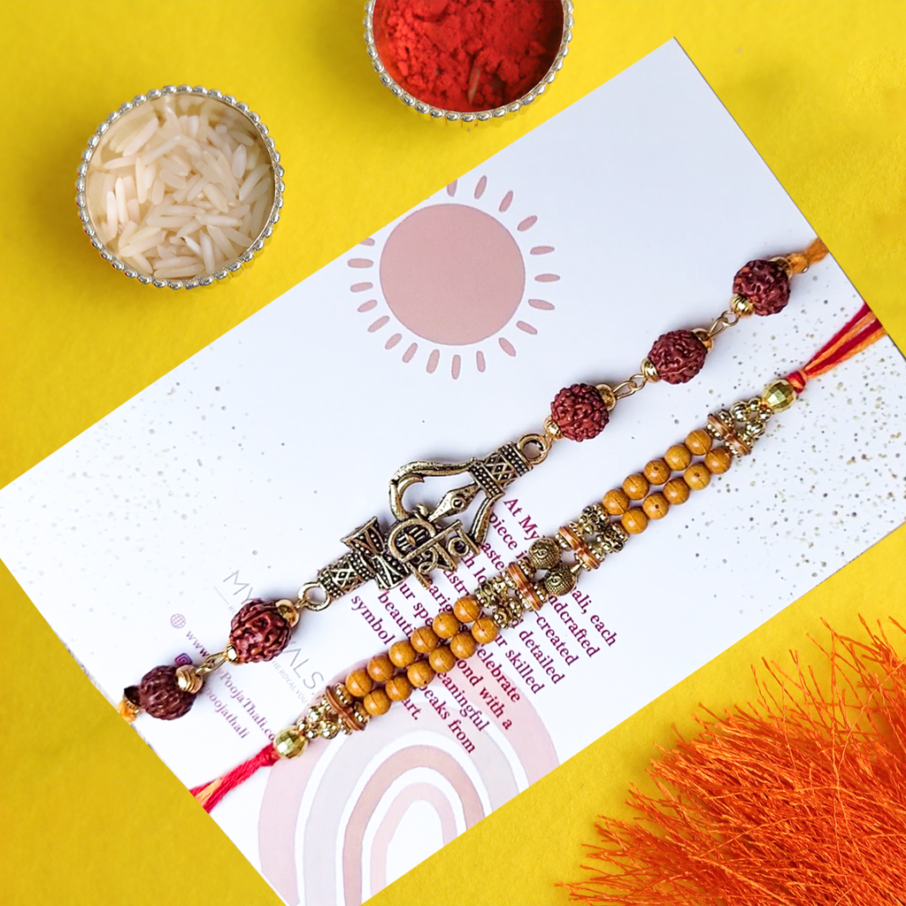 Set of 2 Rudraksha & Trishul Rakhis – Spiritual Protection Collection