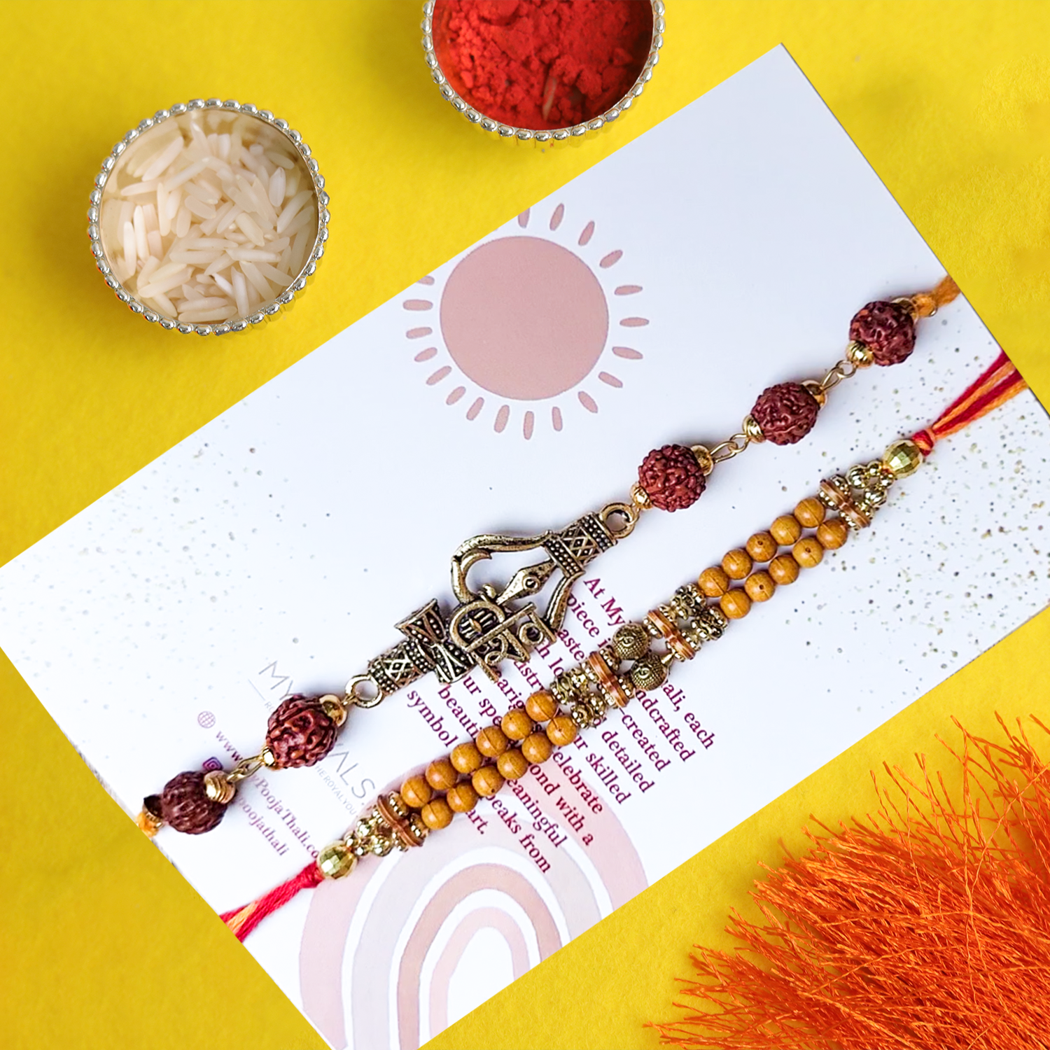 Set of 2 Rudraksha & Trishul Rakhis – Spiritual Protection Collection