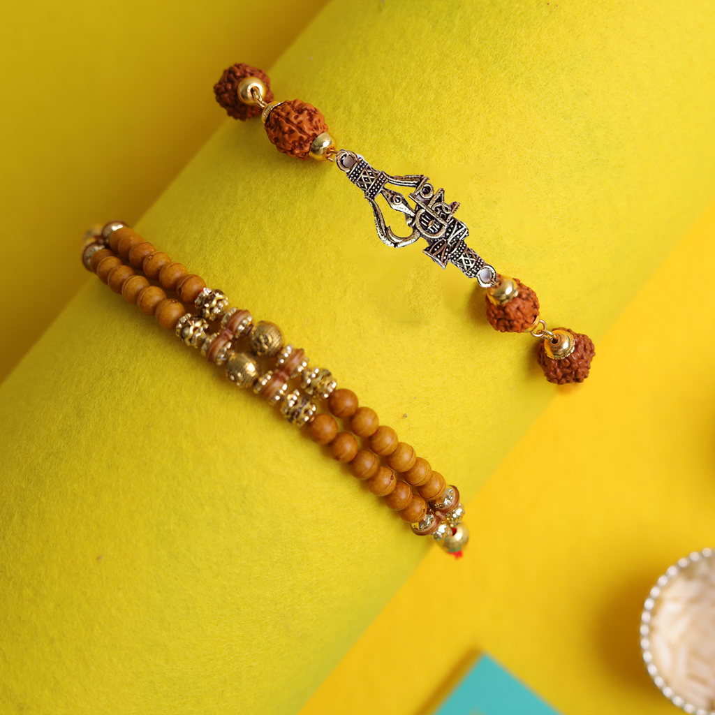 Set of 2 Rudraksha & Trishul Rakhis – Spiritual Protection Collection