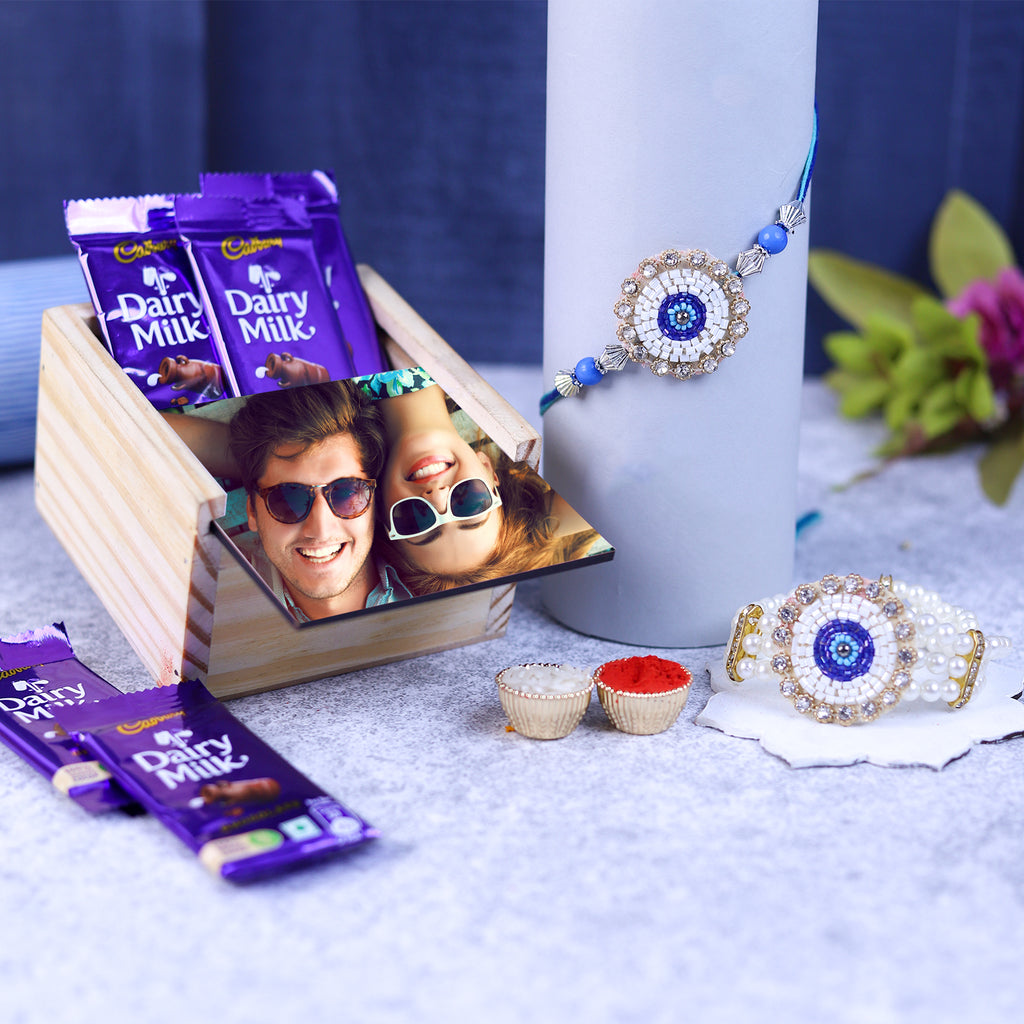 Evil Eye Bhaiya Bhabhi Rakhi Set & Personalized Chocolate Gift Box