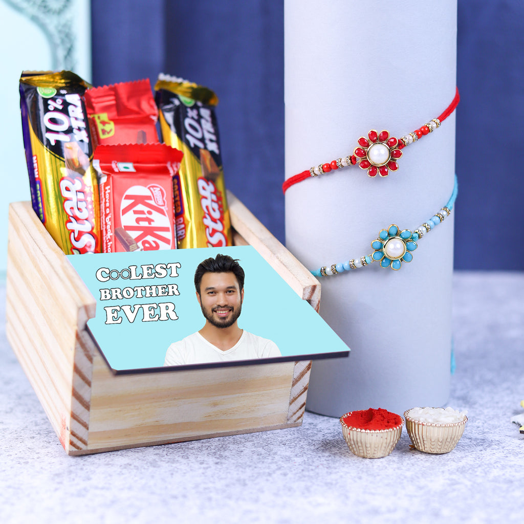 Personalized "Coolest Brother" Set of 2 Rakhi & Premium Chocolate Gift Box