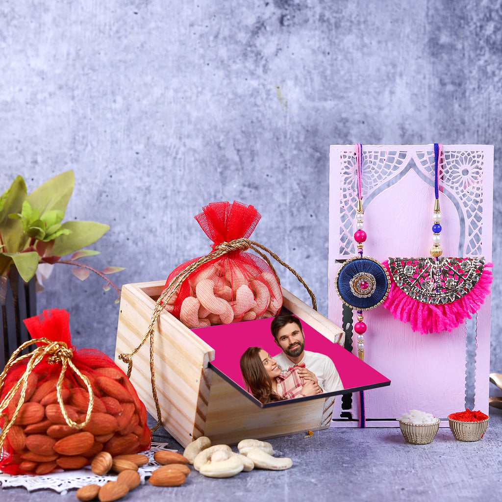 Bhaiya Bhabhi Rakhi Set with Personalized Dry Fruit Box