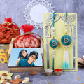Regal Teal Zardosi Bhaiya Bhabhi Rakhi Set & Personalized Dry Fruit Gift Box