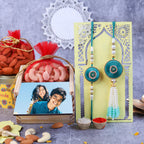Regal Teal Zardosi Bhaiya Bhabhi Rakhi Set & Personalized Dry Fruit Gift Box