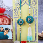 Regal Teal Zardosi Bhaiya Bhabhi Rakhi Set & Personalized Dry Fruit Gift Box