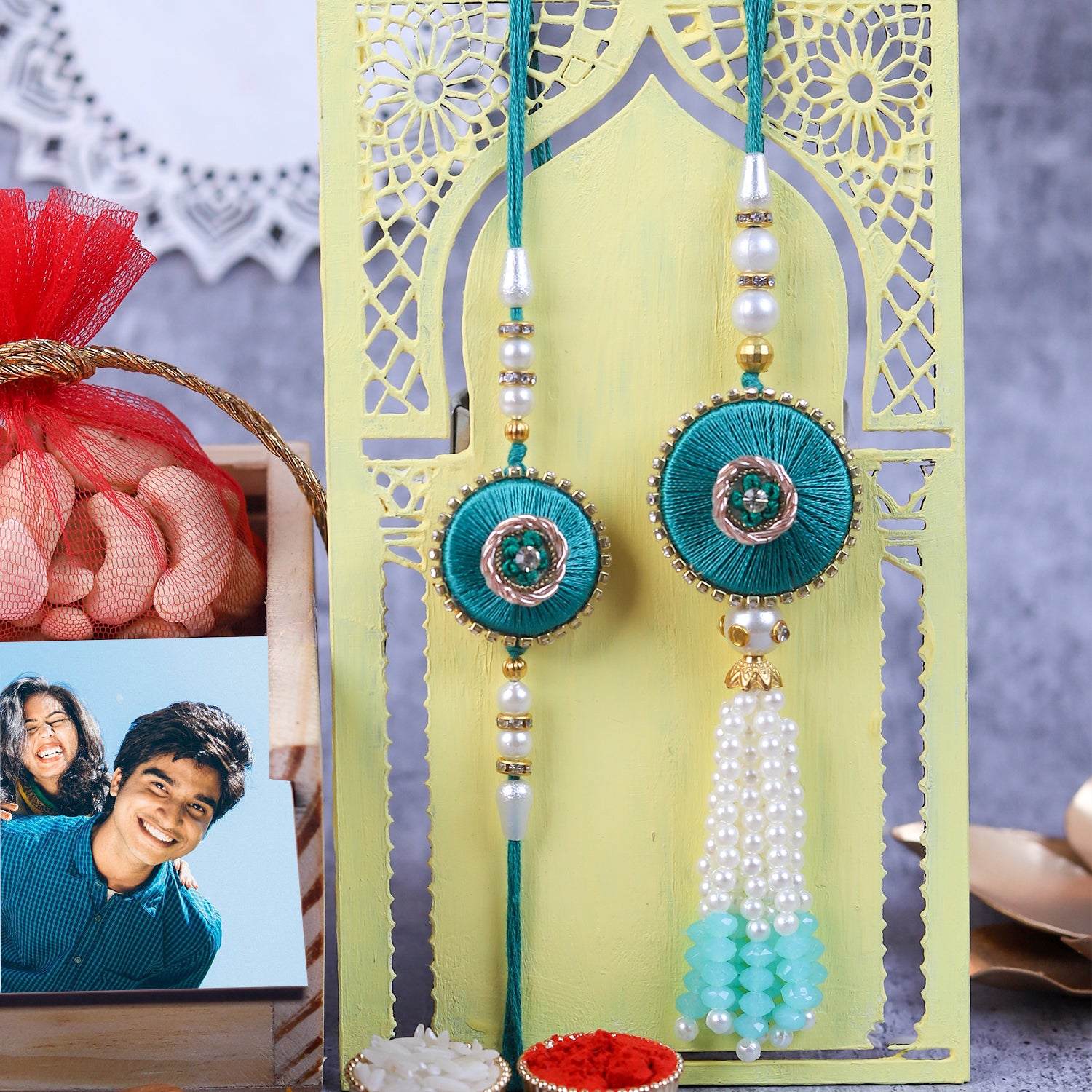 Regal Teal Zardosi Bhaiya Bhabhi Rakhi Set & Personalized Dry Fruit Gift Box
