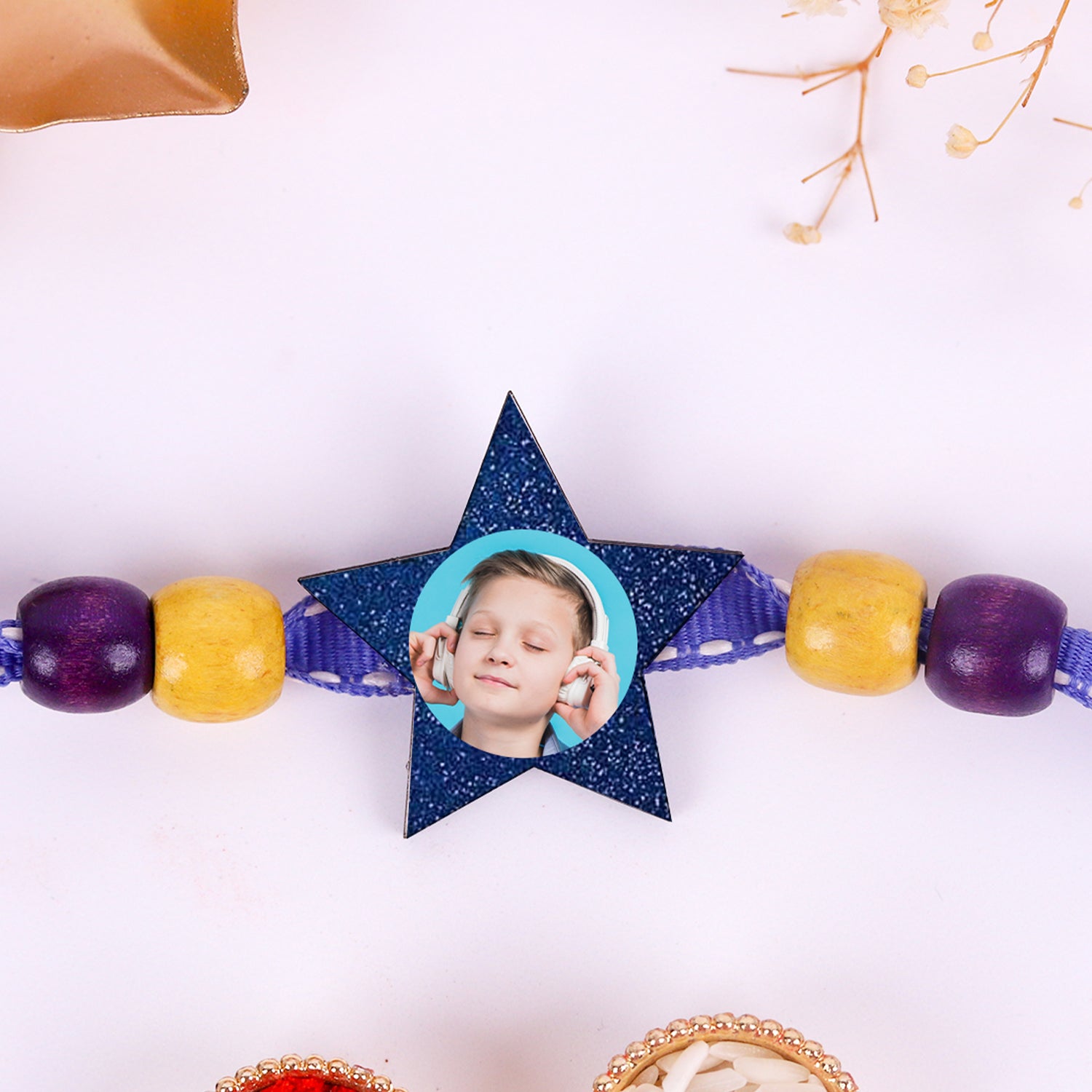 Personalized Star Photo Kids Rakhi with Roli Chawal Set - Custom Picture Rakhi for Little Brother