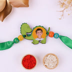 Personalized Dinosaur Photo Kids Rakhi with Roli Chawal Set - Custom Picture Rakhi for Little Brother
