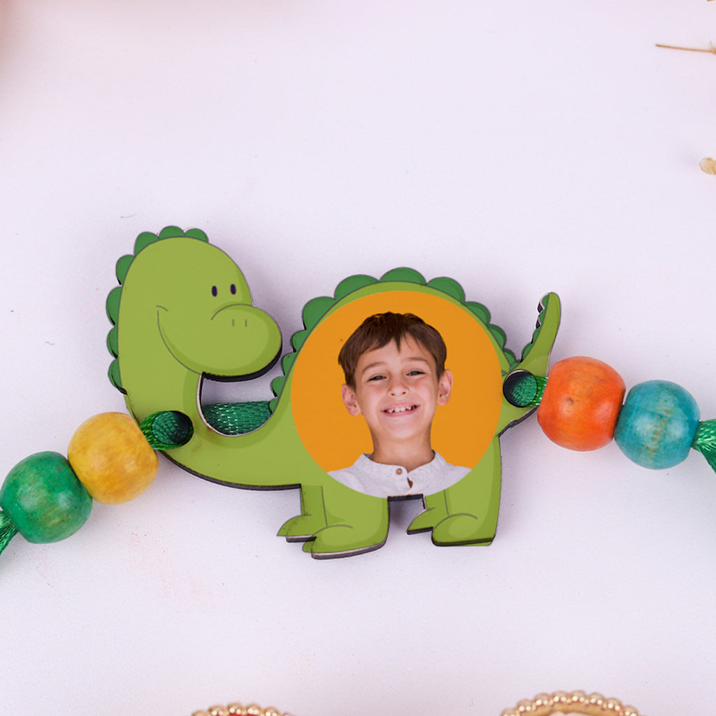 Personalized Dinosaur Photo Kids Rakhi with Roli Chawal Set - Custom Picture Rakhi for Little Brother