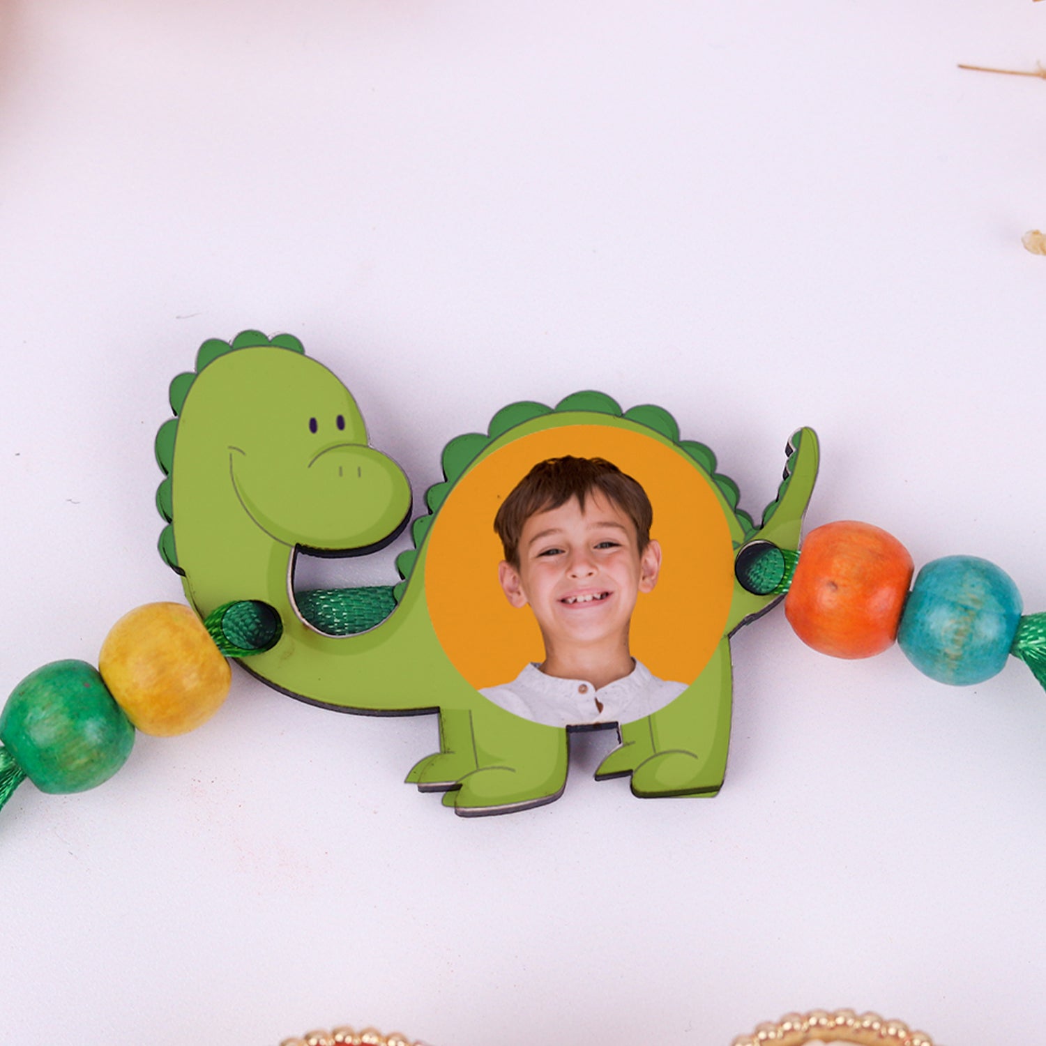 Personalized Dinosaur Photo Kids Rakhi with Roli Chawal Set - Custom Picture Rakhi for Little Brother