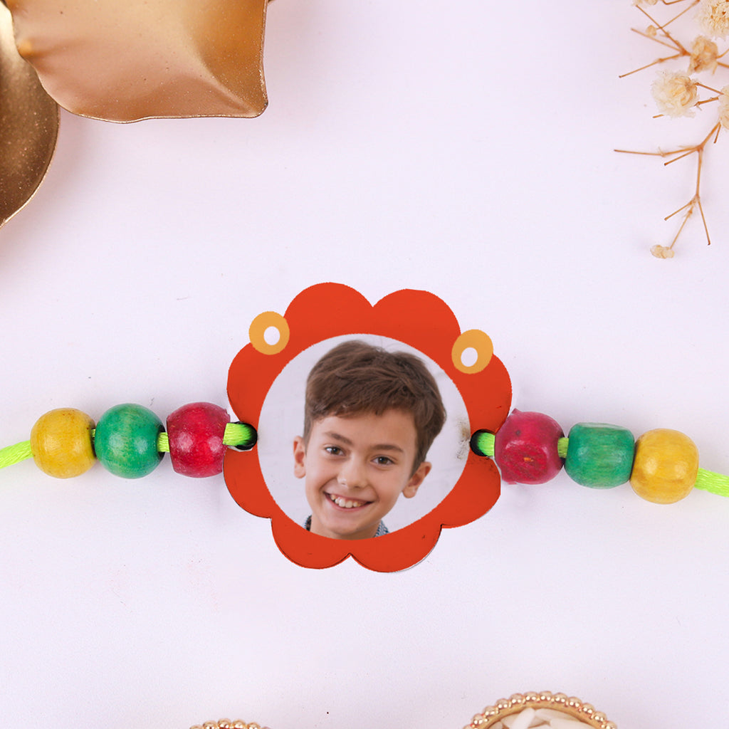 Personalized Flower Photo Kids Rakhi with Roli Chawal Set - Custom Picture Rakhi for Little Brother