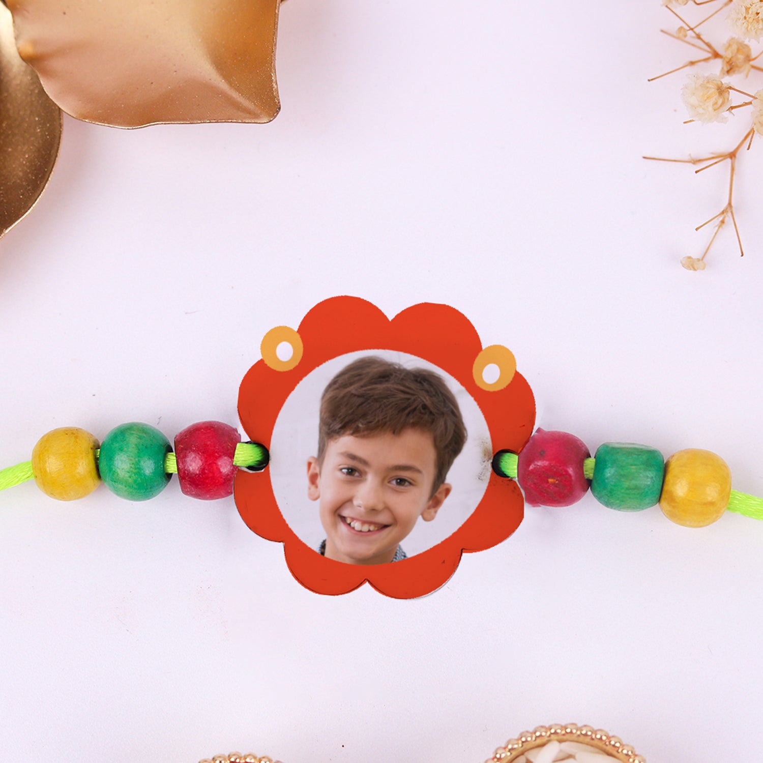 Personalized Flower Photo Kids Rakhi with Roli Chawal Set - Custom Picture Rakhi for Little Brother