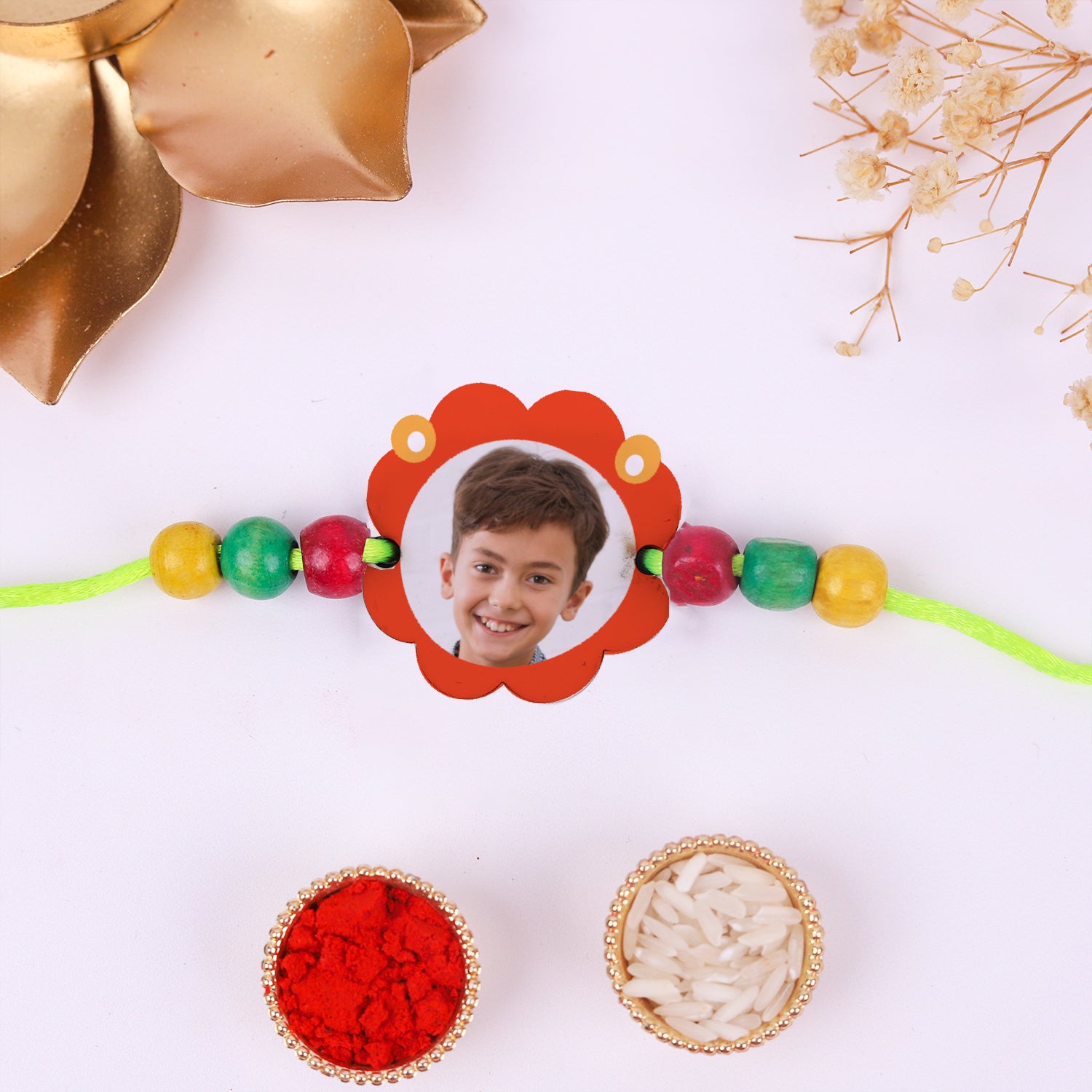Personalized Flower Photo Kids Rakhi with Roli Chawal Set - Custom Picture Rakhi for Little Brother