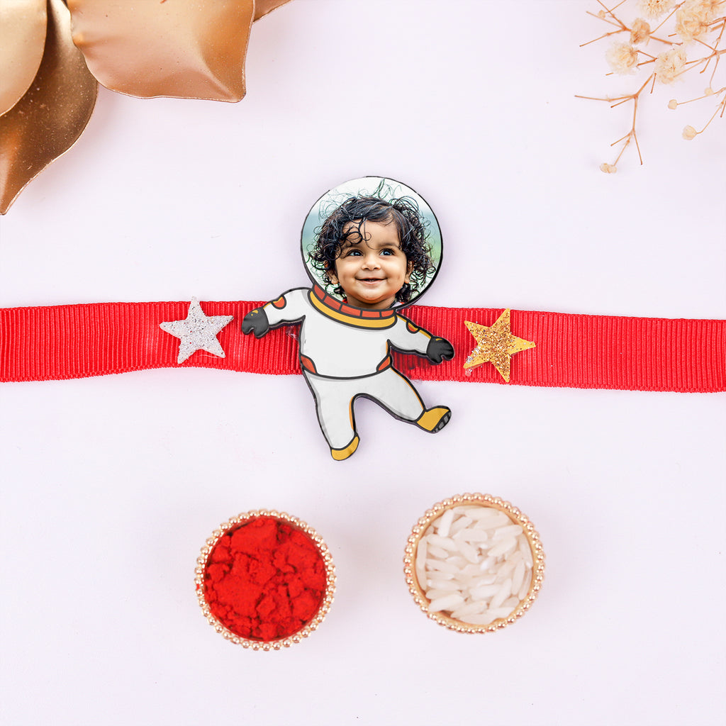 Personalized Astronaut Photo Kids Rakhi with Roli Chawal Set - Custom Space Theme Rakhi for Little Brother