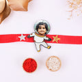 Personalized Astronaut Photo Kids Rakhi with Roli Chawal Set - Custom Space Theme Rakhi for Little Brother