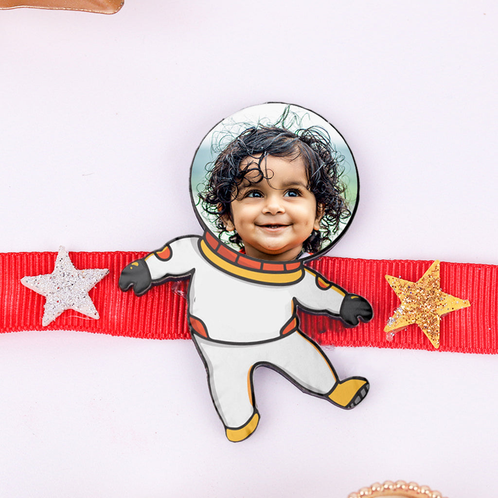 Personalized Astronaut Photo Kids Rakhi with Roli Chawal Set - Custom Space Theme Rakhi for Little Brother